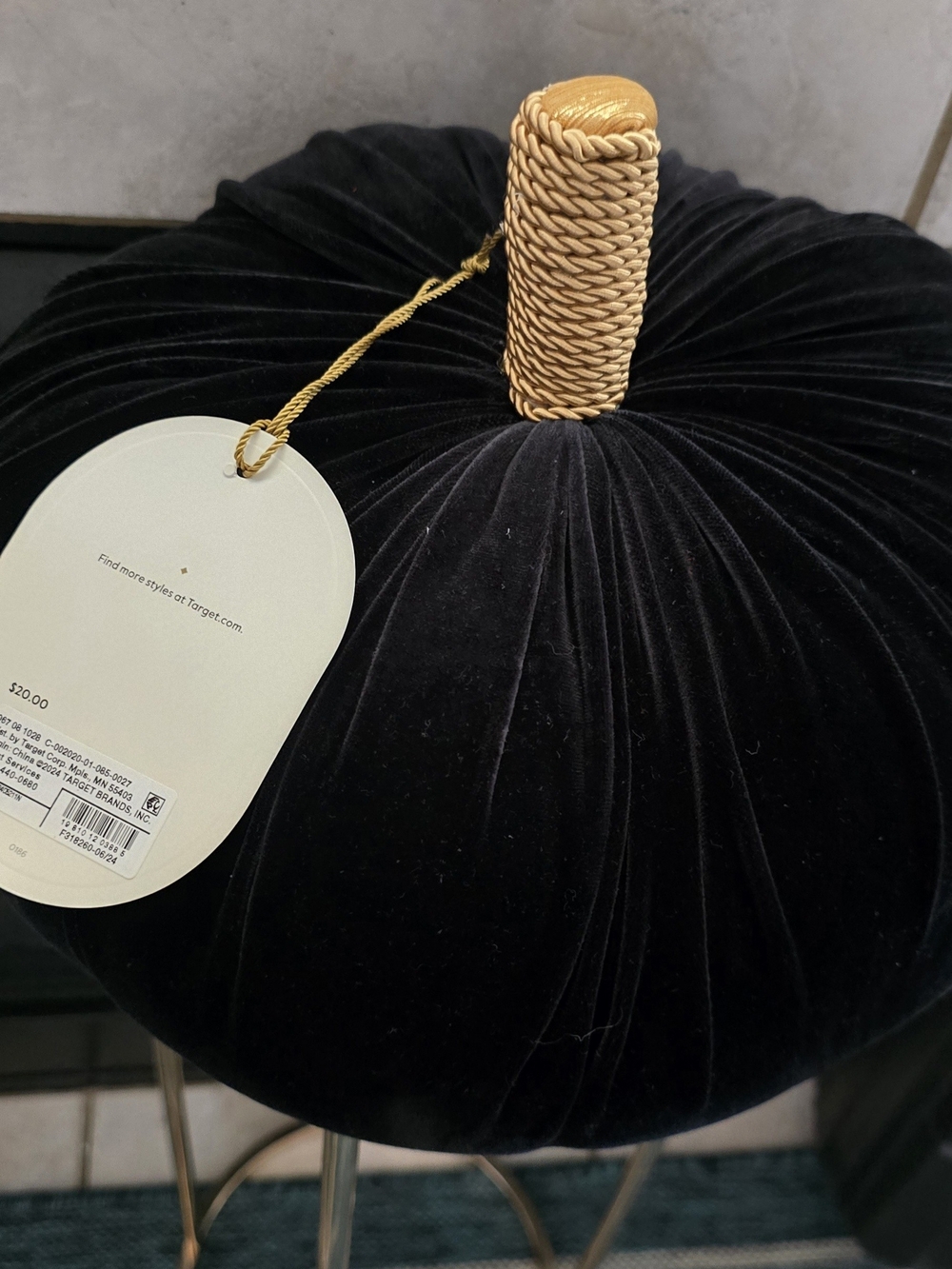 Threshold Black Velvet Pumpkin with Gold Rope Stem